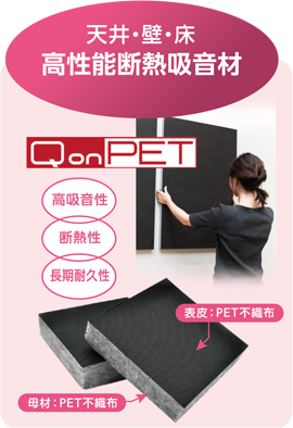 天井・壁・床 高性能断熱吸音材　高吸音性・断熱性・長期耐久性　表皮：PET不織布　母材：PET不織布